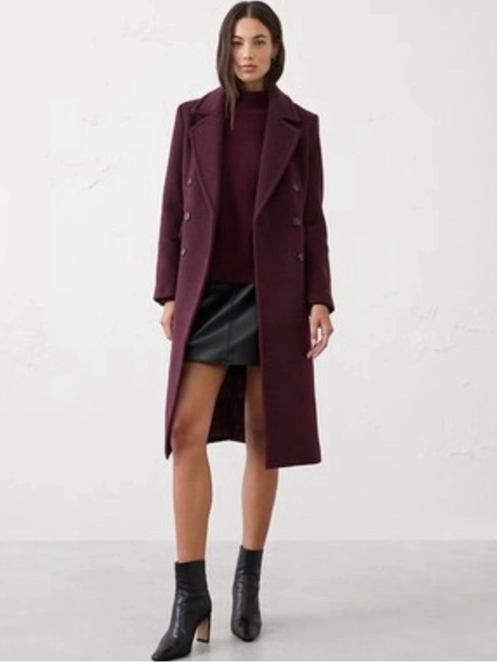 Banana Republic Factory Wine Double-Breasted Wool-Blend Below the Knee Coat